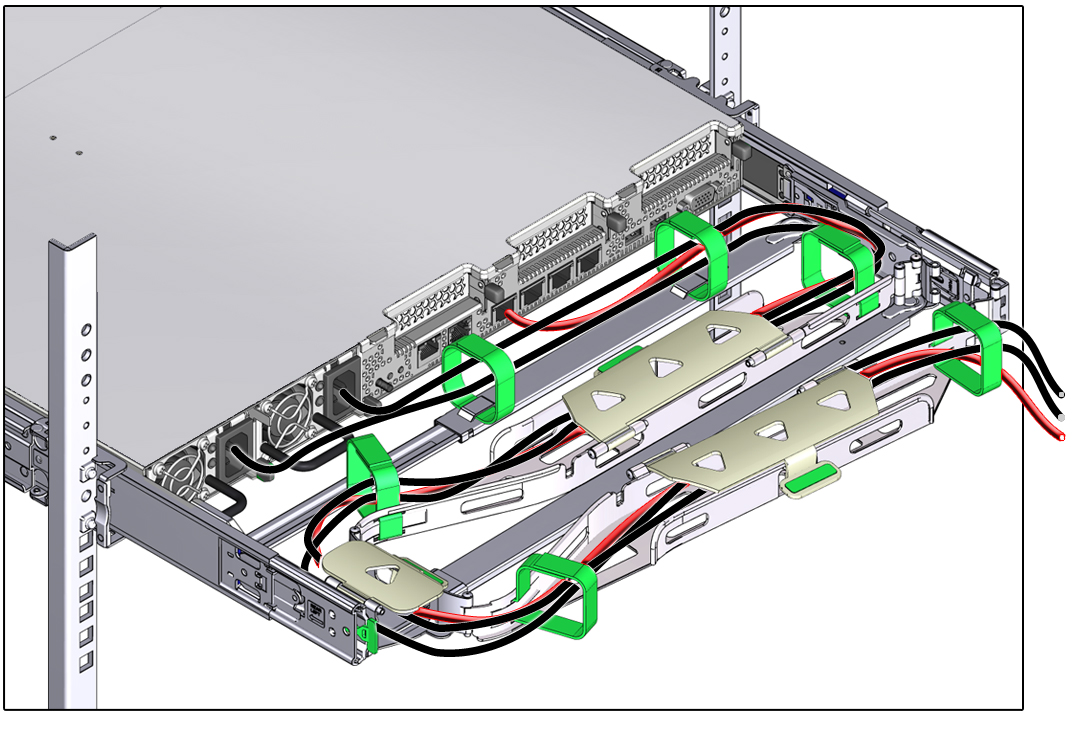 image:Figure showing CMA with cables installed, cable covers                                     closed, and cables secured with Velcro straps.