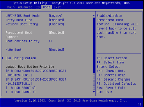 image:Screenshot of Boot menu showing UEFI/BIOS Boot Mode                                             set to Legacy