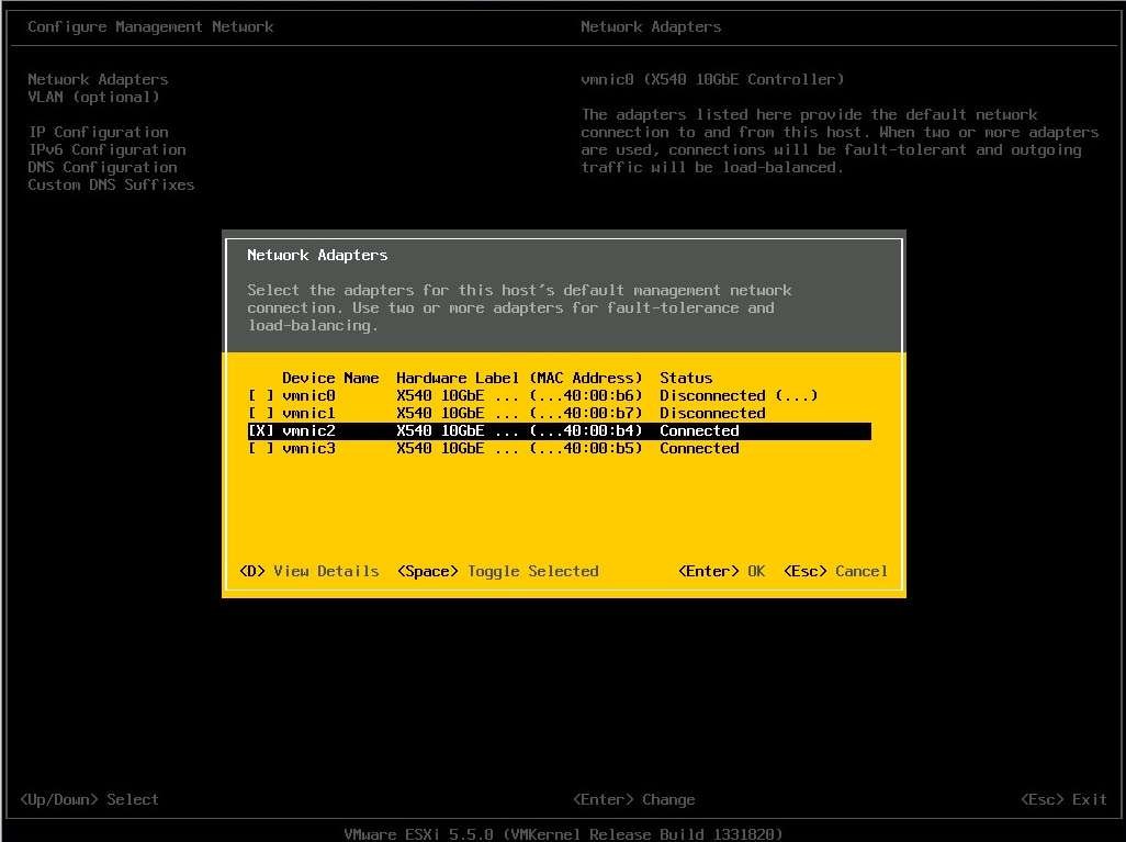 image:接続されている vmnic デバイスの選択をユーザーに示す図。