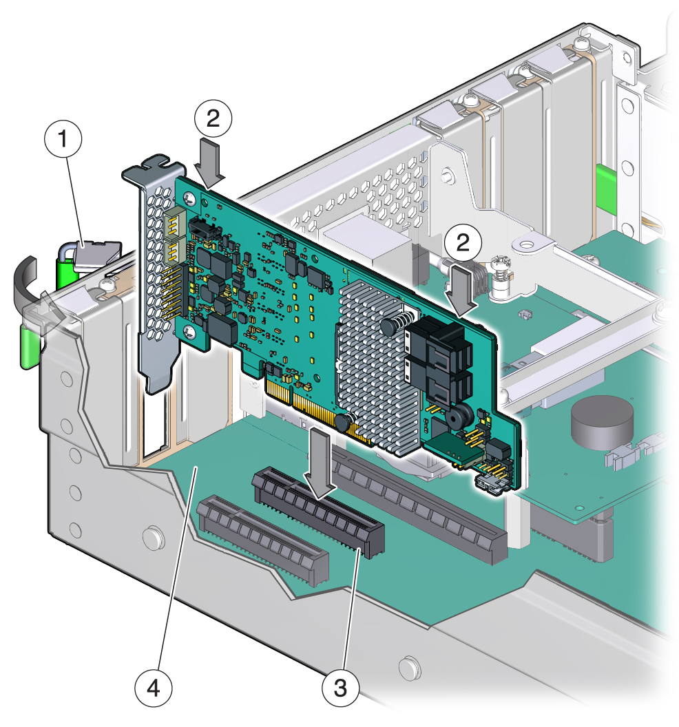 image:图中显示了如何将主机适配器板安装到 PCI Express 插槽中。