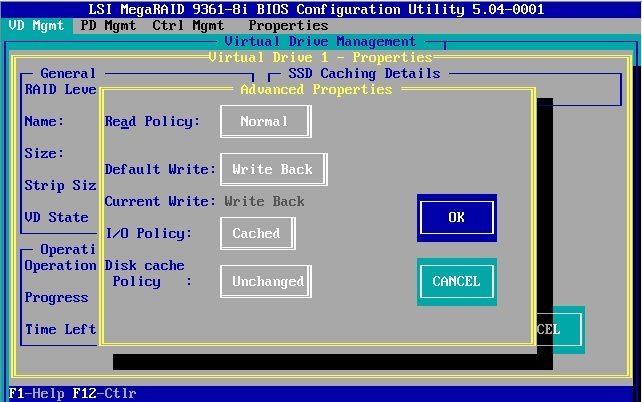 image:Capture d'écran illustrant la modification des paramètres de cache par défaut de l'unité virtuelle.