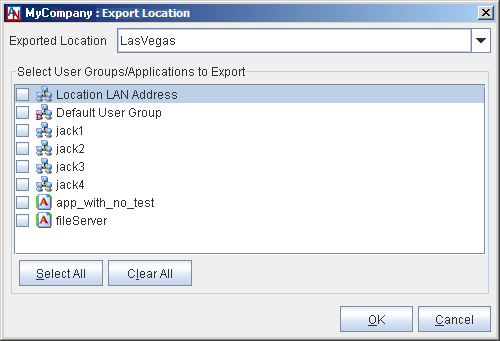 This screenshot shows the Export Location window in App Net Manager.