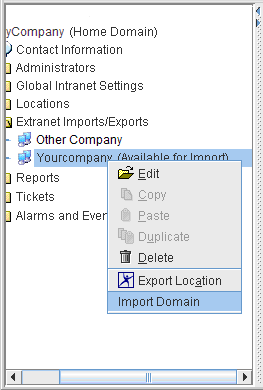 This screenshot shows the Import Domain function in the context menu of the domain directory in App Net Manager.