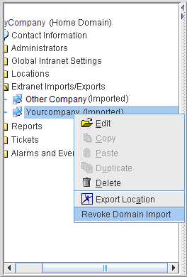This screenshot shows the Revoke Domain Import function in the context menu of the domain directory in App Net Manager.