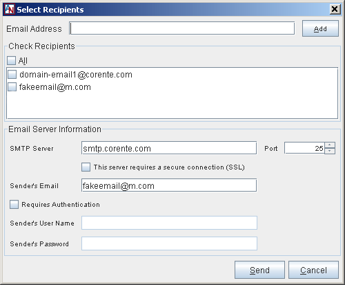 This screenshot shows the Select Recipients window for the reporting function in App Net Manager.