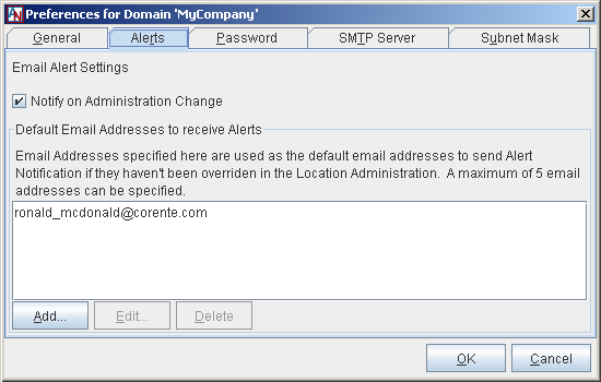 This screenshot shows the Alerts tab of the Domain Preferences window in App Net Manager.