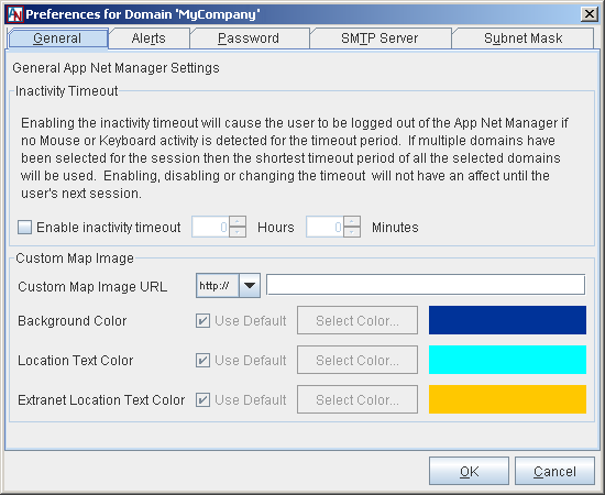 This screenshot shows the General tab of the Domain Preferences window in App Net Manager.