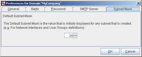 This screenshot shows the Subnet Mask tab of the Domain Preferences window in App Net Manager.
