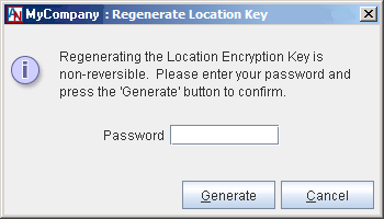 This screenshot shows the Regenerate Location Key window in App Net Manager.