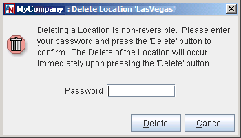 This screenshot shows the Delete Location window in App Net Manager.