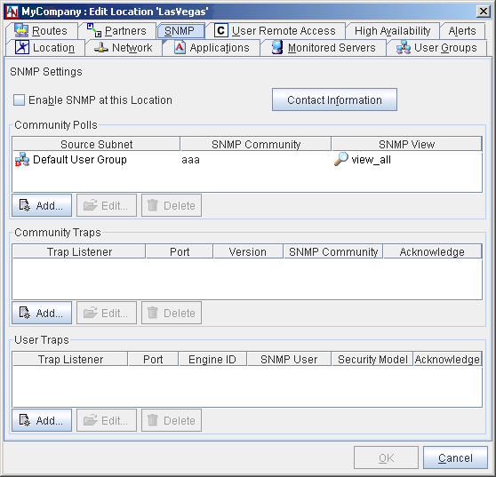 This screenshot shows the SNMP tab of the Location form in App Net Manager.