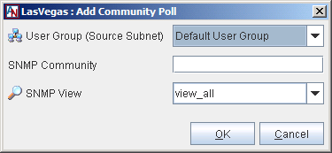This screenshot shows the Add Community Poll window in App Net Manager. You access it from the SNMP tab of the Location form.