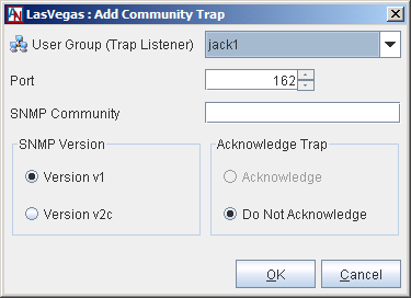 This screenshot shows the Add Community Trap window in App Net Manager. You access it from the SNMP tab of the Location form.
