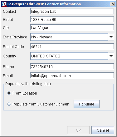This screenshot shows the SNMP Contact Information window in App Net Manager. You access it from the SNMP tab of the Location form.