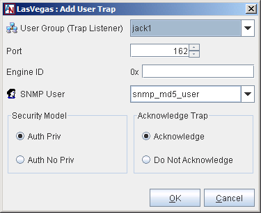 This screenshot shows the Add User Trap window in App Net Manager. You access it from the SNMP tab of the Location form.