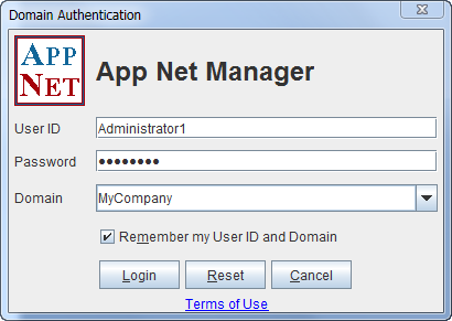 This screenshot shows the App Net Manager Login window.