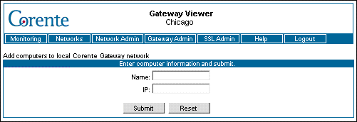 This screenshot shows the page used to add computers to the Corente Gateway listing in the Gateway Viewer.