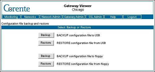 This screenshot shows the Configuration File Backup and Restore page in the Gateway Viewer.