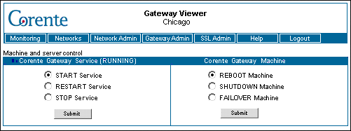 This screenshot shows the Machine and Server Control page in the Gateway Viewer.