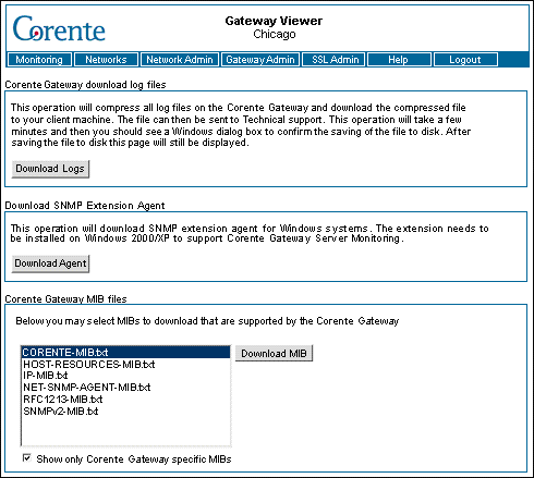 This screenshot shows the Corente Gateway file download page in the Gateway Viewer.