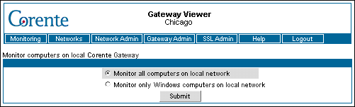 This screenshot shows the settings controlling which computers are monitored for the Corente Gateway in the Gateway Viewer.