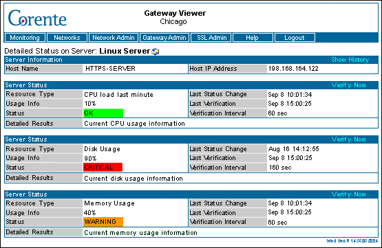 This screenshot shows the Detailed Status on Server page in the Gateway Viewer.