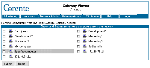 This screenshot shows the page used to remove computers from the Corente Gateway listing in the Gateway Viewer.
