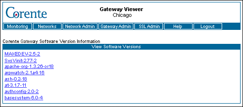 This screenshot shows the Corente Gateway Software Version Information page in the Gateway Viewer.