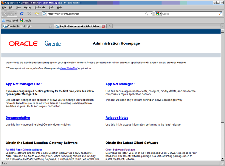This screenshot shows the Corente Administration Homepage.