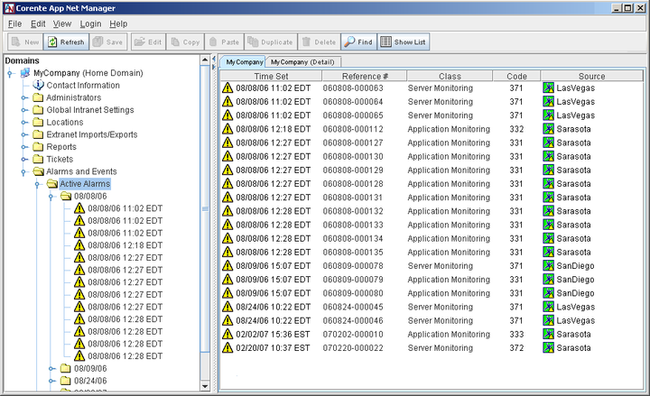 This screenshot shows the Alarms and Events functionality in App Net Manager.