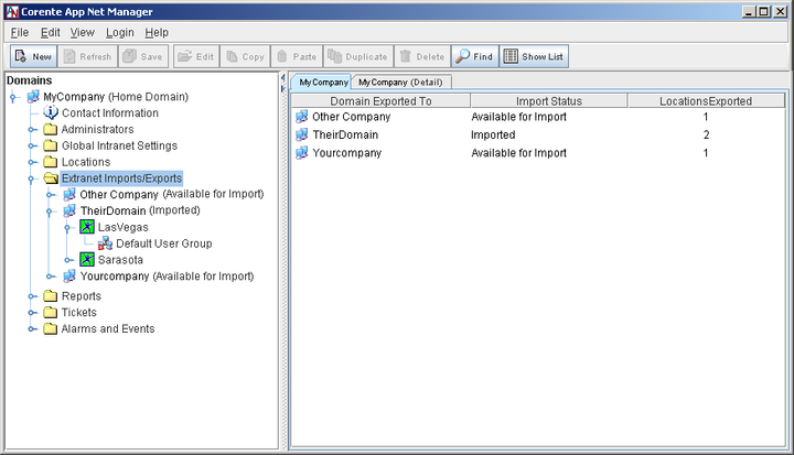 This screenshot shows the Extranet details displayed in App Net Manager when the Extranet category is selected in the domain directory.