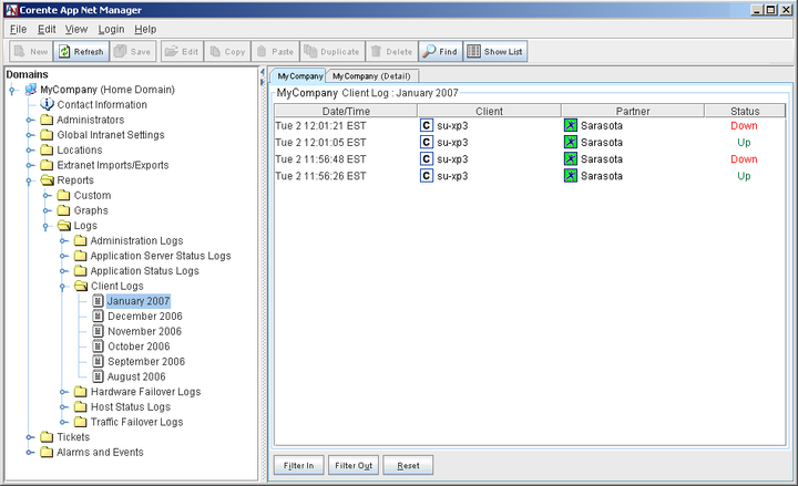 This screenshot shows the Logs section of the Report functionality of the domain directory in App Net Manager.