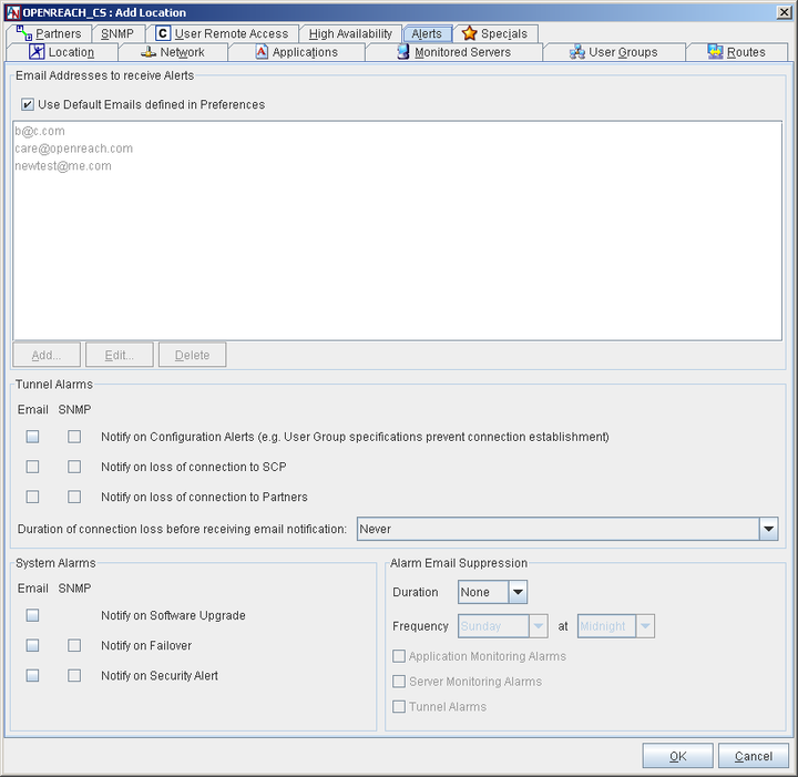 This screenshot shows the Alerts tab of the Location form in App Net Manager.