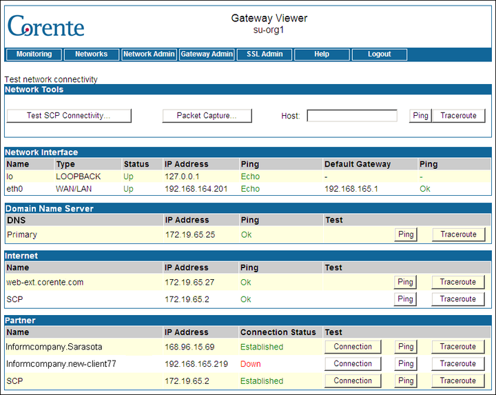 This screenshot shows the Test Network Connectivity page in the Gateway Viewer.
