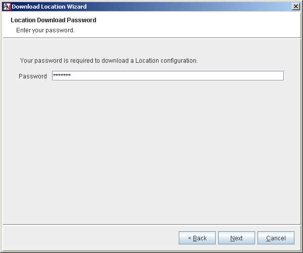 This screenshot shows the administrator password screen of the Location Download Wizard.
