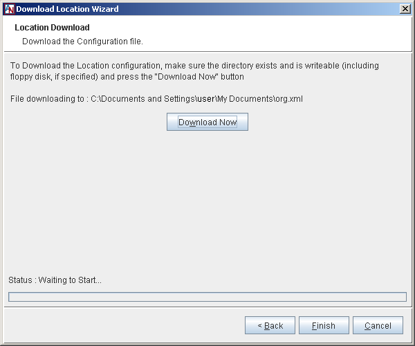 This screenshot shows the final screen of the Location Download Wizard, from where you start the configuration file download.
