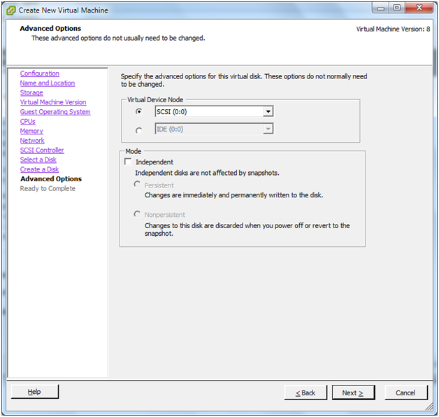 This screenshot shows the advanced options screen of the New Virtual Machine Wizard in VMware Infrastructure Client, where you can specify the VM disk virtual device node.