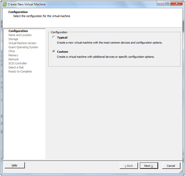 This screenshot shows the VM configuration selection screen of the New Virtual Machine Wizard in VMware Infrastructure Client.