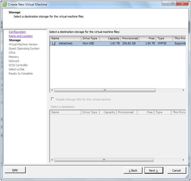 This screenshot shows the datastore selection screen of the New Virtual Machine Wizard in VMware Infrastructure Client.