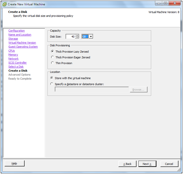 This screenshot shows the disk configuration screen of the New Virtual Machine Wizard in VMware Infrastructure Client.