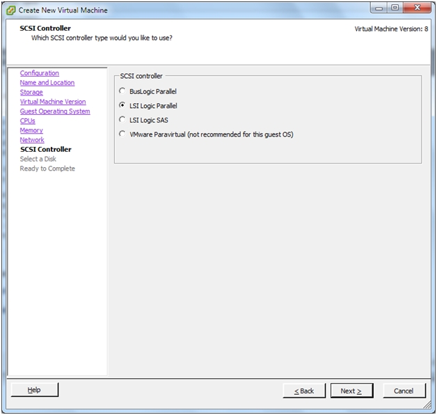 This screenshot shows the I/O adapter configuration screen of the New Virtual Machine Wizard in VMware Infrastructure Client.