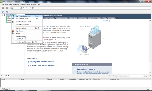 This screenshot shows how to start the creation of a new virtual machine in VMware Infrastructure Client.