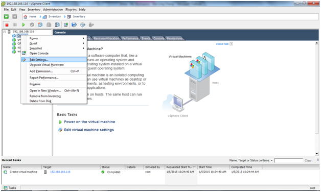 This screenshot shows how to edit the properties of a virtual machine in VMware Infrastructure Client.