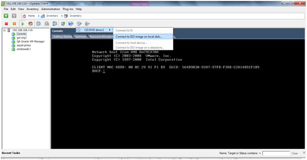 This screenshot shows how to mount a virtual CD in order to boot the virtual machine in VMware Infrastructure Client.