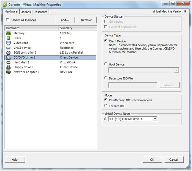 This screenshot shows how to select the CD drive of the virtual machine and set its device type in the Virtual Machine Properties window in VMware Infrastructure Client.