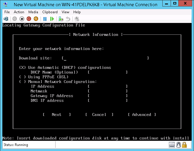 This screenshot shows the Network Information to be provided for the gateway configuration.