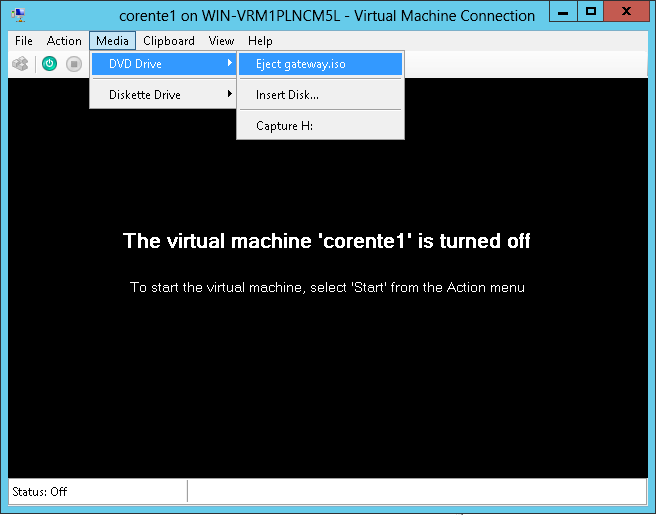 This screenshot shows the console installation screen with the .iso file for the Corente Gateway Software attached in the CD drive of the virtual machine in Hyper-V Manager.
