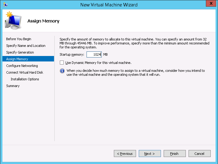 This screenshot shows how to allocate memory to the new virtual machine in Hyper-V Manager.