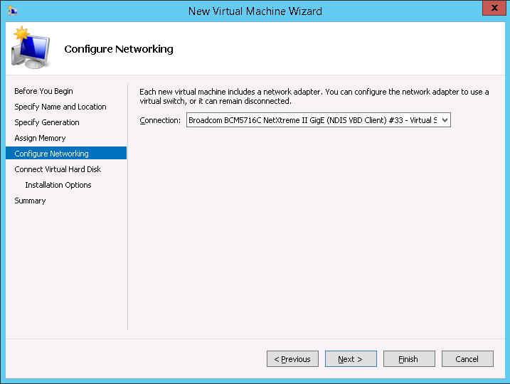 This screenshot shows how to configure networking for the new virtual machine in Hyper-V Manager.