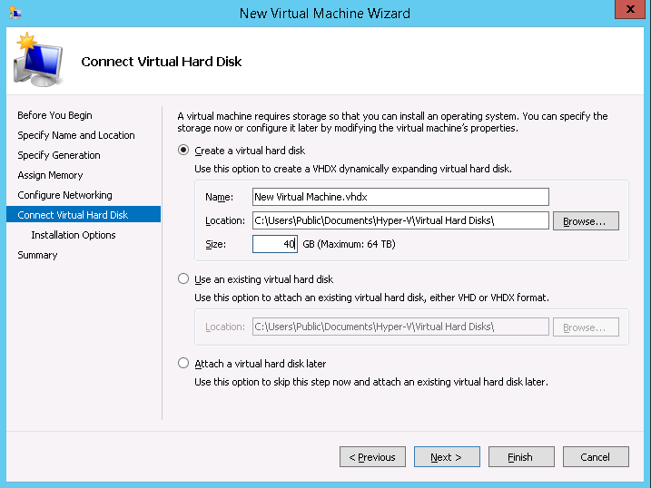 This screenshot shows how to create a virtual hard disk and add it to the new virtual machine in Hyper-V Manager.